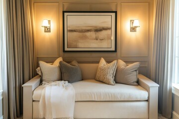 The seating area is soft and inviting, adorned with neutral-toned cushions and delicate artwork, creating a cozy atmosphere filled with natural light during the day