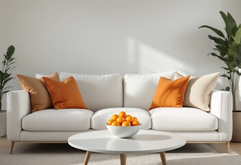 A modern living room with white couch and coffee table decorated with oranges.