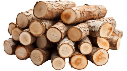 Birch Wood Logs Pile Stacked Timber for Fuel, Rustic Winter Energy Source, isolated on transparent background.