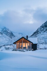 Cozy cabin surrounded by snow-covered mountains during twilight in a serene winter landscape offering peaceful solitude and natural beauty