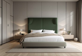 A modern bedroom with a large bed and green upholstered headboard.