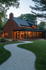 Fototapeta premium Modern brick house with large glass windows and a winding stone pathway surrounded by green gardens in the late afternoon light