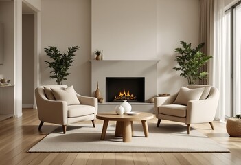 A modern living room with white walls and light wood floors, featuring two beige armchairs, a fireplace, and a coffee table.