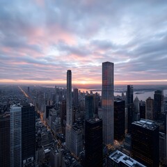Fototapeta premium Sunrise cityscape, Manhattan, aerial view, winter
