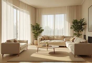 A modern living room with white couches and wooden floors.