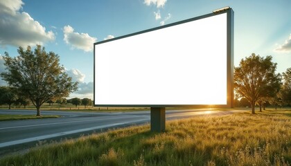Obraz premium Blank roadside billboard at sunset surrounded by lush greenery and open fields with copy space