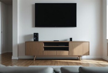 A modern living room with a flat-screen TV mounted on a white wall above a wooden entertainment center.