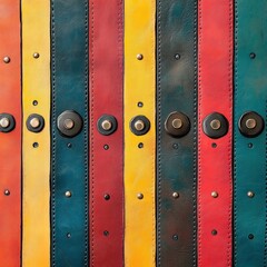 Colorful leather belts with metal rivets arranged vertically.