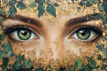 Nature-inspired portrait featuring striking green eyes surrounded by golden leaves