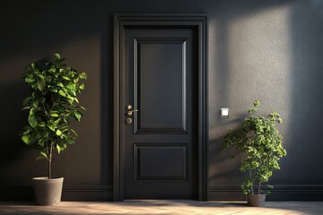 Elegant door with plants in modern interior space during daylight hours
