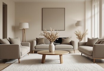 A modern living room featuring neutral tones and natural elements.