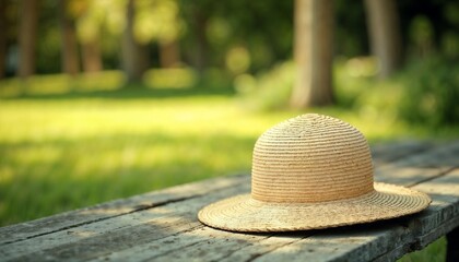 Straw sun hat resting on a wooden table in a sunny park surrounded by greenery