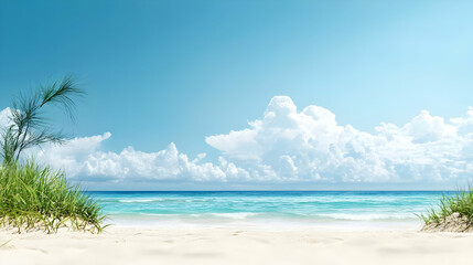 Fototapeta premium Idyllic Tropical White Sand Beach With Green Dune Grass Under Sunny Blue Sky With Fluffy White Clouds