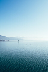 Lake Constance near Lindau with Alpine Mountains in Bright Sunlight