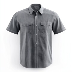 gray, short-sleeved, button-down shirt, with visible texture and detail, and simple, classic button-down collar and chest pockets
