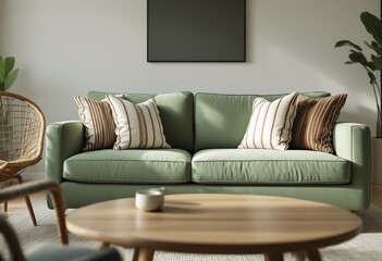 A modern living room with a sage green sofa, wooden coffee table, and wicker chair.