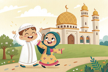 Happy Muslim children walking towards a mosque.