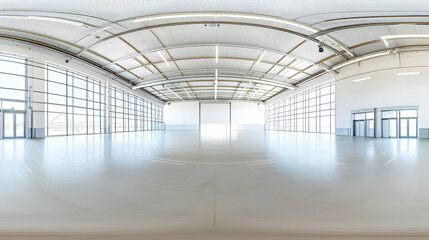 Bright White Empty Warehouse Interior With Metallic Steel Structure And Shiny Floor In Panoramic Wide Angle View