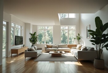 Fototapeta premium A modern minimalist living room with white walls and natural light pouring in through large windows.