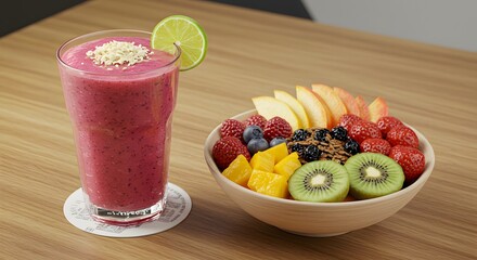 Healthy Lifestyle: Fresh Smoothie and Fruit Bowl