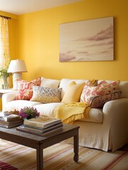 A yellow living room with a white sofa and artwork
