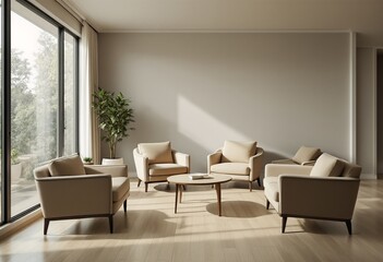 Fototapeta premium A modern minimalist living room featuring light-colored hardwood floors and a beige couch set against a backdrop of tall windows that allow natural sunlight to illuminate the space.