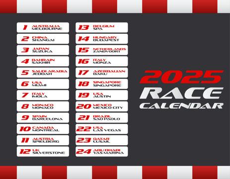 Motorsport race calendar listing races in 24 different locations around the world, dark background. Competitions and events.