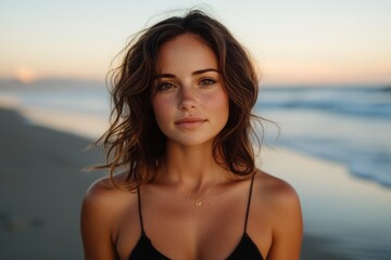 Young woman with wavy hair standing on the beach during sunset with ocean waves in the background and soft light illuminating her features