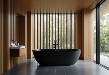Modern Bathroom with Black Bathtub and Wood Paneling.
