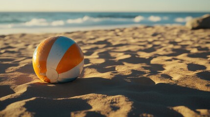 Obraz premium Worn beach ball on sandy shore near ocean.