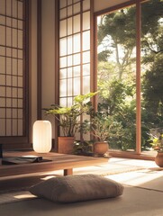 This image showcases a Japanese interior with indoor plants and light