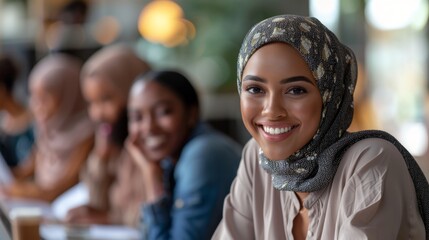 Obraz premium Women engaged in a discussion at a cafe during the afternoon, showcasing friendship and cultural diversity
