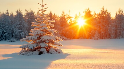 A serene winter forest with snow-covered trees and sunlight streaming through the frosty branches.