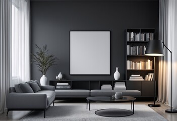 A modern living room with dark walls and gray furniture.