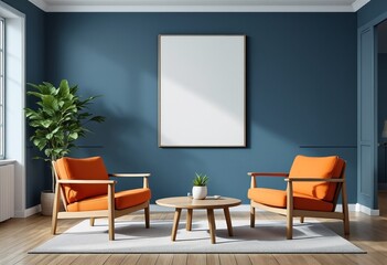 Blue Living Room with Two Orange Chairs and a Coffee Table.