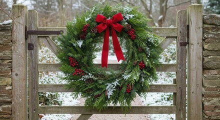 Festive Christmas Wreath Hanging on a Rustic Wooden Gate in Winter