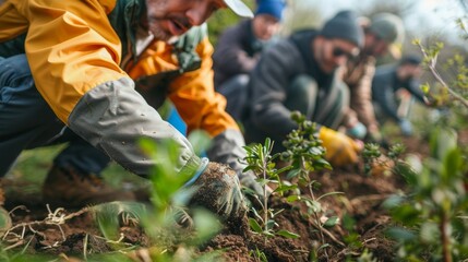 Naklejka premium Community members participate in a group gardening event at a local park during a sunny spring afternoon