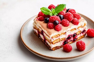A layered dessert features creamy layers with raspberries and berries, elegantly arranged on a rustic plate, topped with fresh mint leaves, showcasing vibrant colors