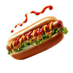 A Delicious Hot Dog with Ketchup Mustard and Relish Isolated on Transparent Background