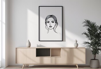 A minimalist room with light wood furniture and white walls, featuring a large painting of a woman's face above a sideboard.