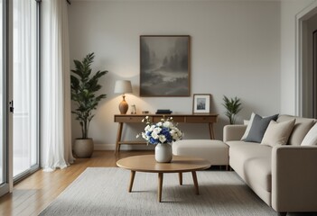 A modern living room with light-colored wood floors and white walls, featuring a beige sectional sofa, wooden coffee table, and large window with sheer curtains.