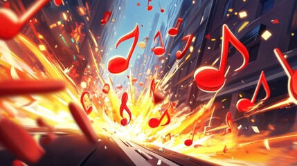 Fiery explosion of music notes in urban background