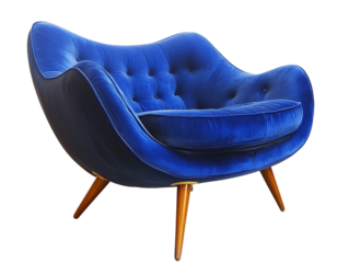Plush blue chair with elegant design and wooden legs perfect for modern living spaces and home decor