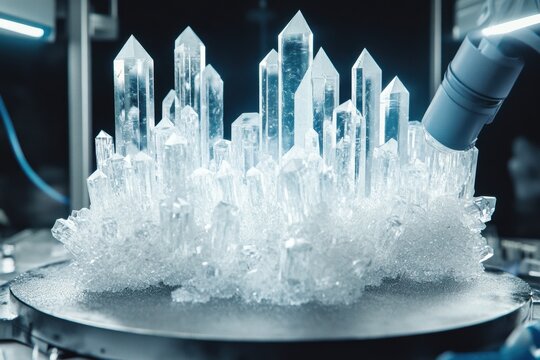 Crystals forming in a laboratory setting with advanced equipment and controlled lighting