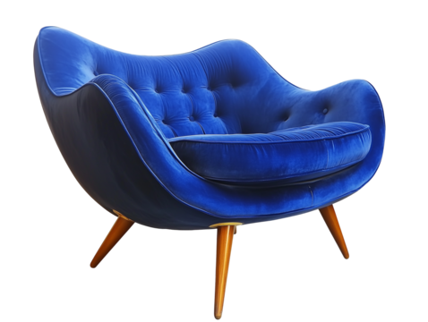 Plush blue chair with elegant design and wooden legs perfect for modern living spaces and home decor