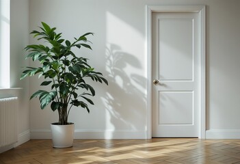 A potted plant sitting in front of a white wall and door.