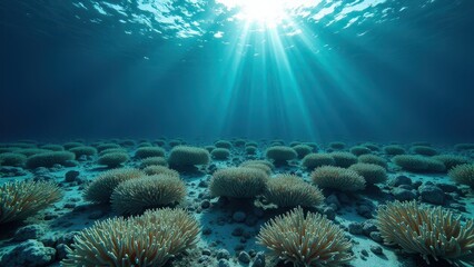 Fototapeta premium Underwater coral reef with sunlight filtering through clear ocean water 