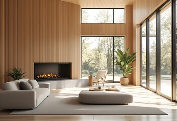 The living room features a modern design with light-colored wood paneling and a large window that lets in natural light.