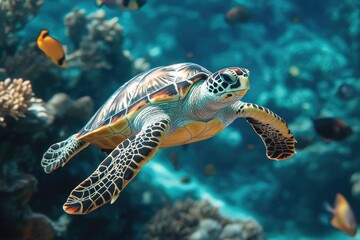 Fototapeta premium Hawksbill Sea Turtle Swimming Among Coral Reefs in the Tropical Waters of the Maldives