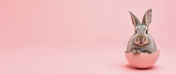 Fototapeta premium Adorable gray rabbit peeking from an eggshell on a pastel pink surface, symbolizing new beginnings, Easter, or spring joy. Perfect for seasonal themes and celebrating renewal and cheerfulness.